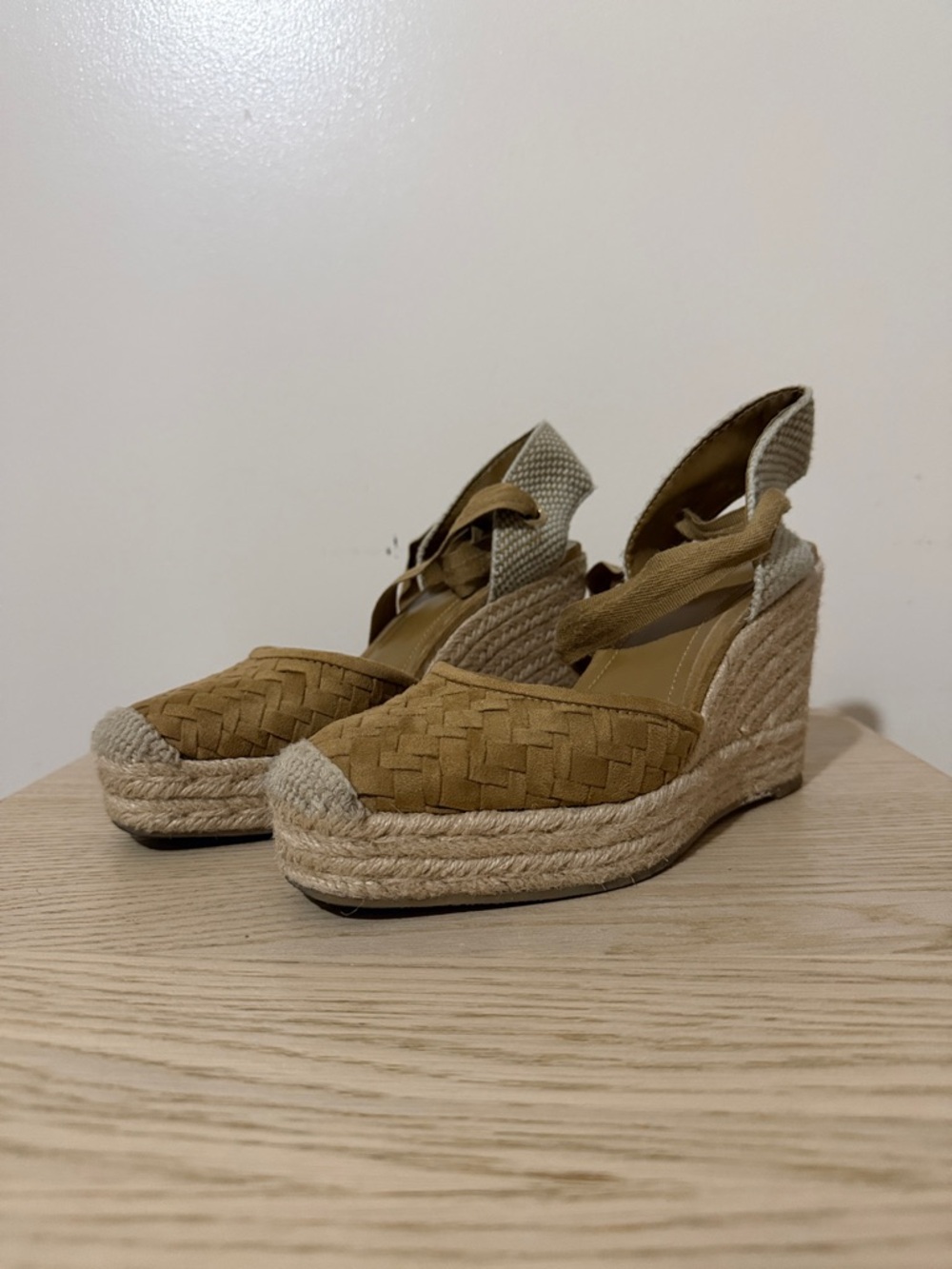 Zara Tan Woven Espadrille Wedge Sandals with Ankle Wrap